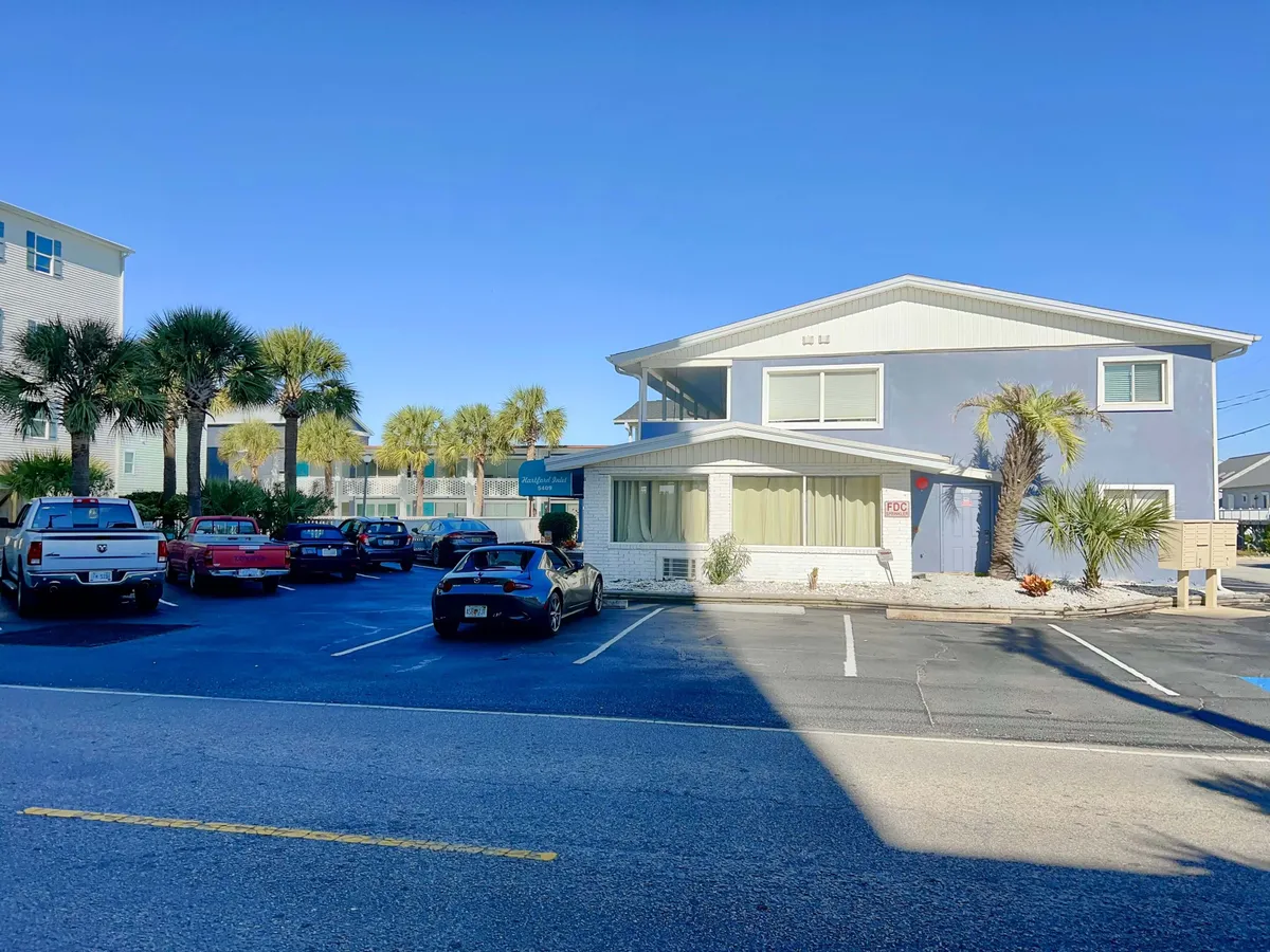 A view of the blue building's exterior, dotted with palm trees and parked cars, suggesting convenient access and proximity to local attractions. The environment is casual and welcoming, hinting at the property's place within the broader North Myrtle Beach community.